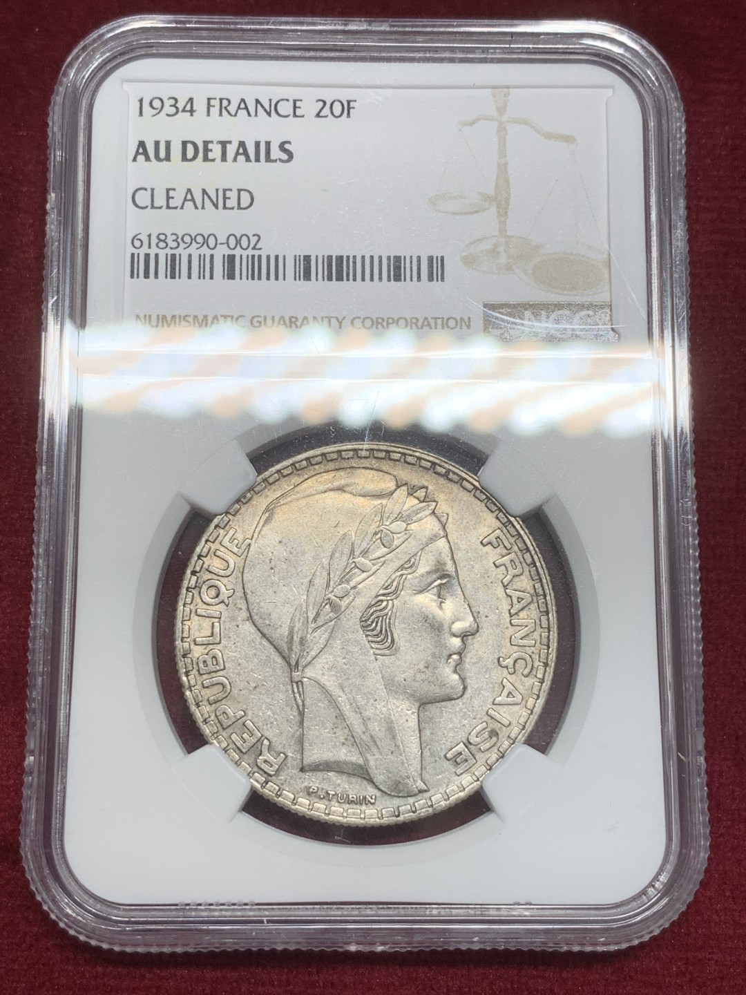 《竞宝斋》第82场-本周日，周一，周四3场拍卖（全场不限金额包邮） NGC AU评级 法国 1934年 20法郎 银币