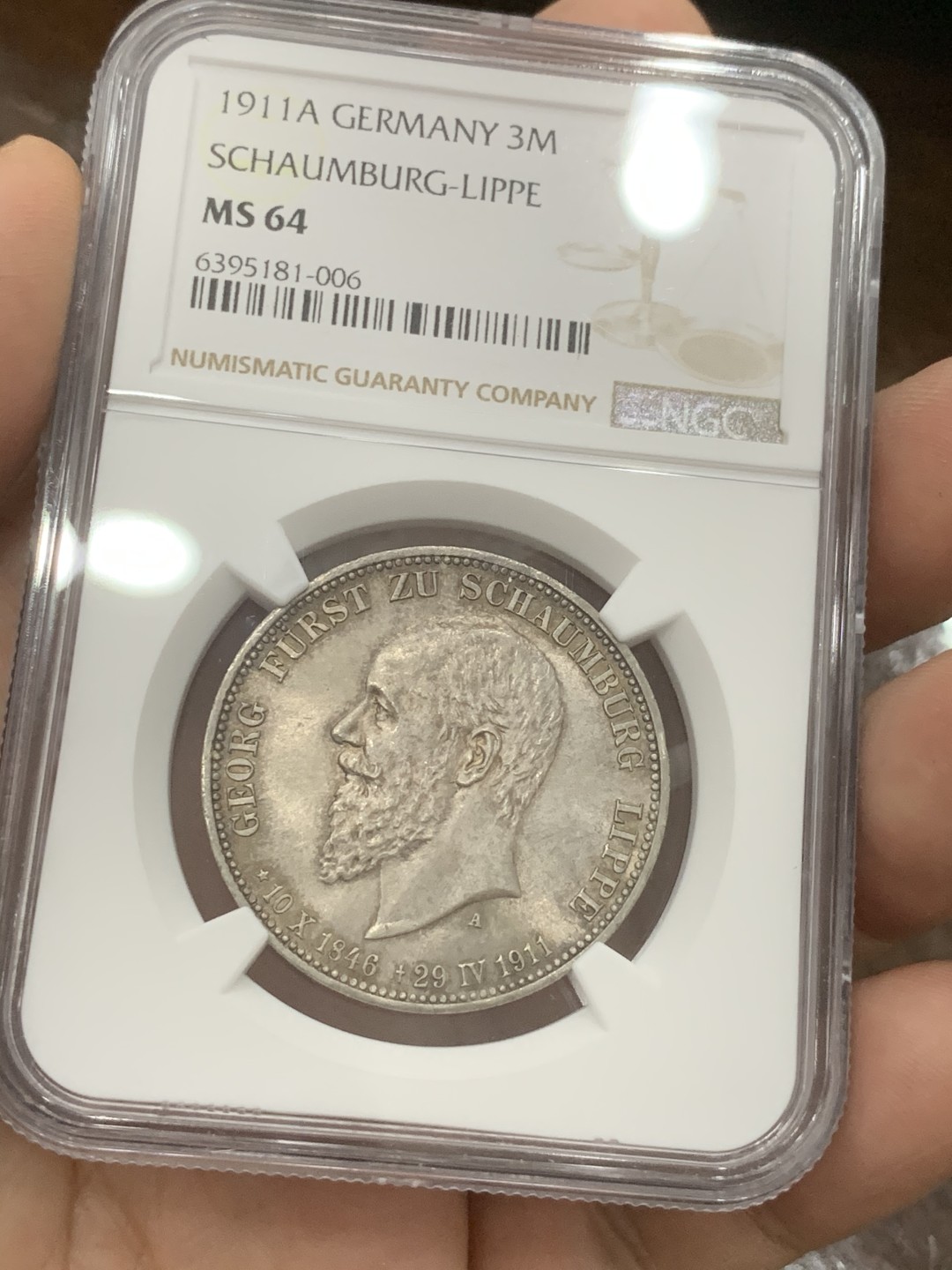 《竞宝斋》第82场-本周日，周一，周四3场拍卖（全场不限金额包邮） NGC-MS64 德国绍姆堡利珀 1911年3马克 酱彩顶级包浆银币