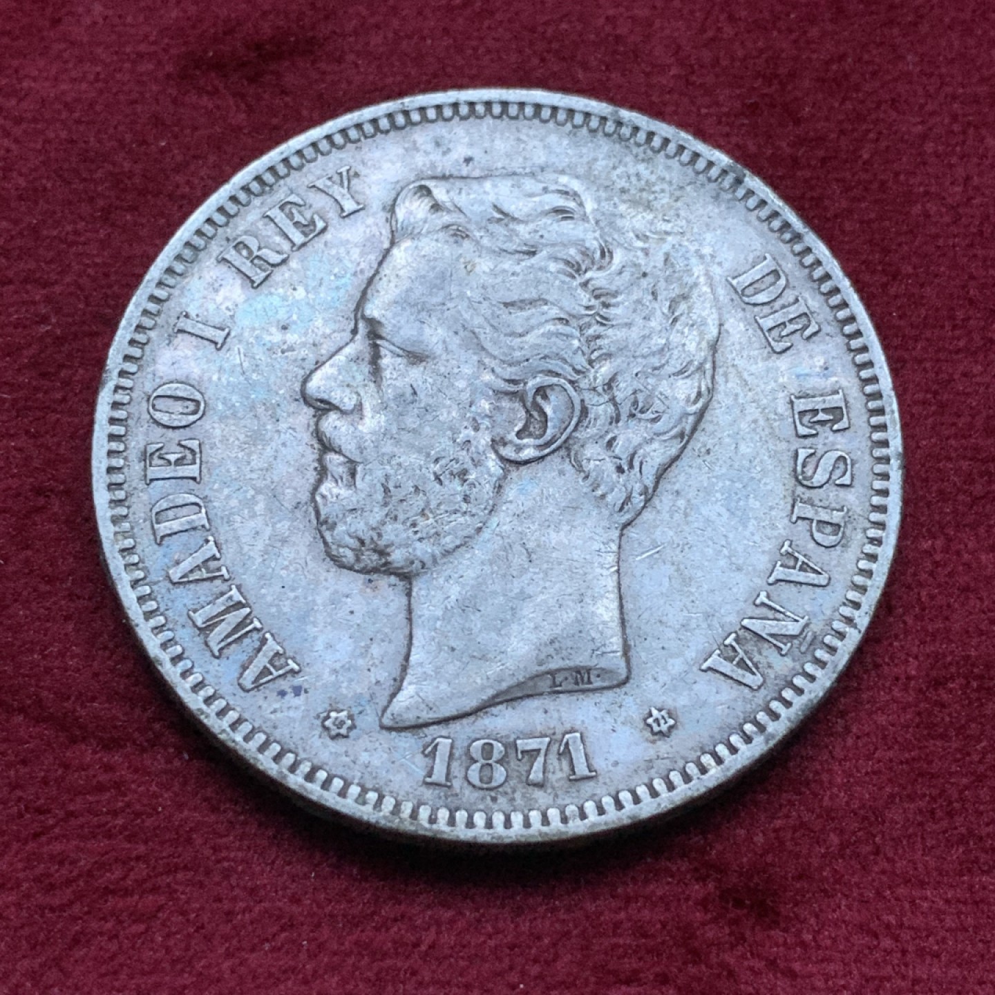 《竞宝斋》第82场-本周日，周一，周四3场拍卖（全场不限金额包邮） 西班牙 1871年 星星里是74年 老人头双柱 大银币 酱彩包浆 背面带点光 细节很好