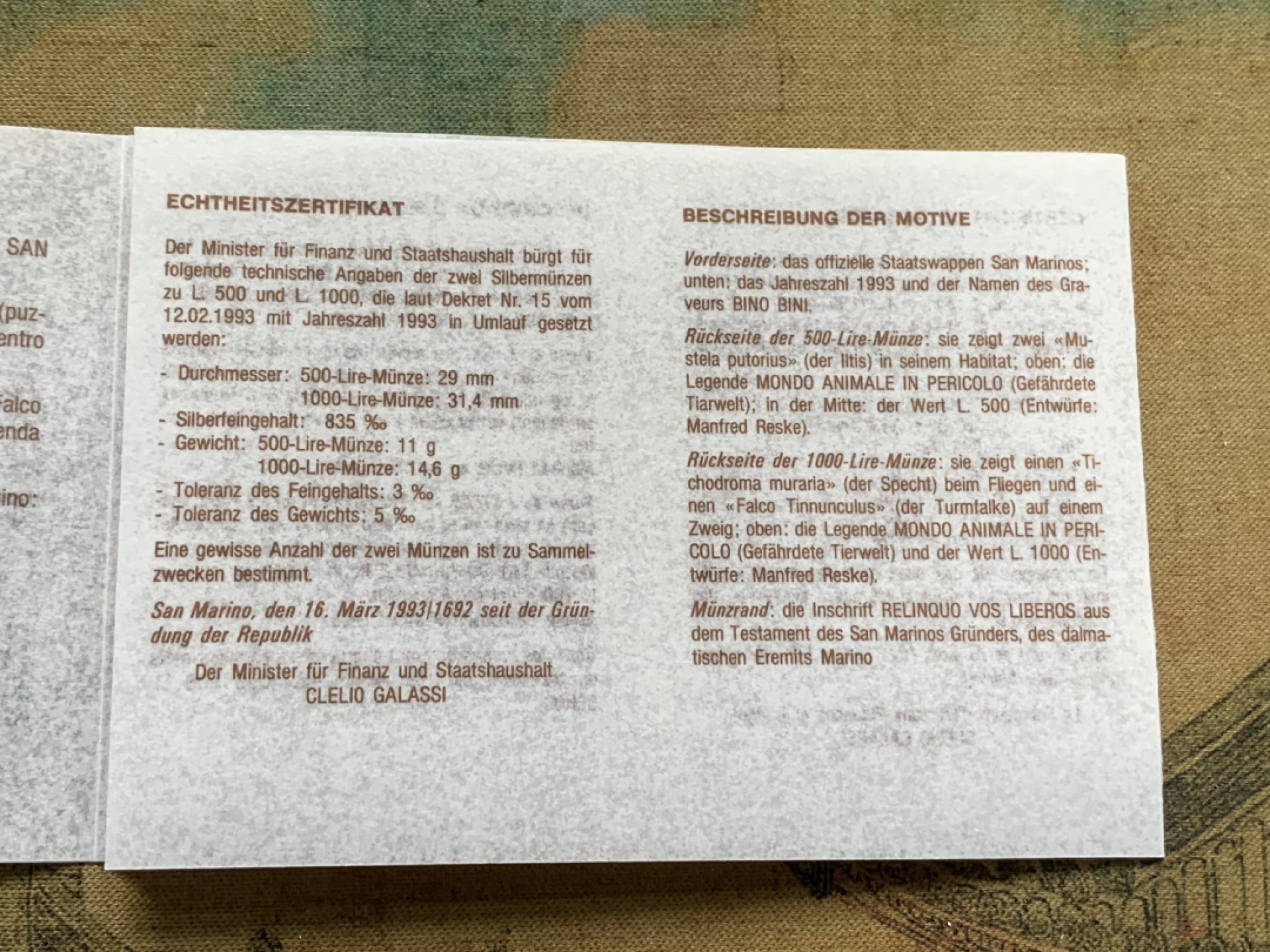 《竞宝斋》第82场-本周日，周一，周四3场拍卖（全场不限金额包邮） 原盒证书 圣马力诺1993年 珍惜动物阎肃啄木鸟 500和1000里拉 银币 动物系少见品种