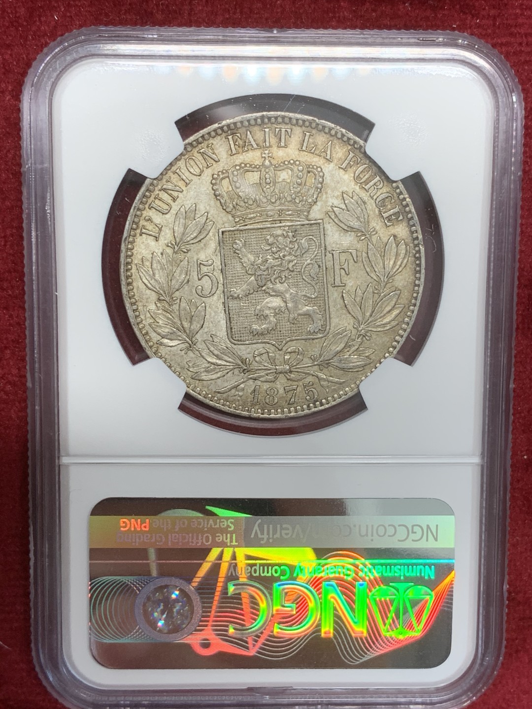 《竞宝斋》第82场-本周日，周一，周四3场拍卖（全场不限金额包邮） NGC-MS61 比利时1875年 利奥波德二世 5法郎大银币 这品种也涨了很多很多