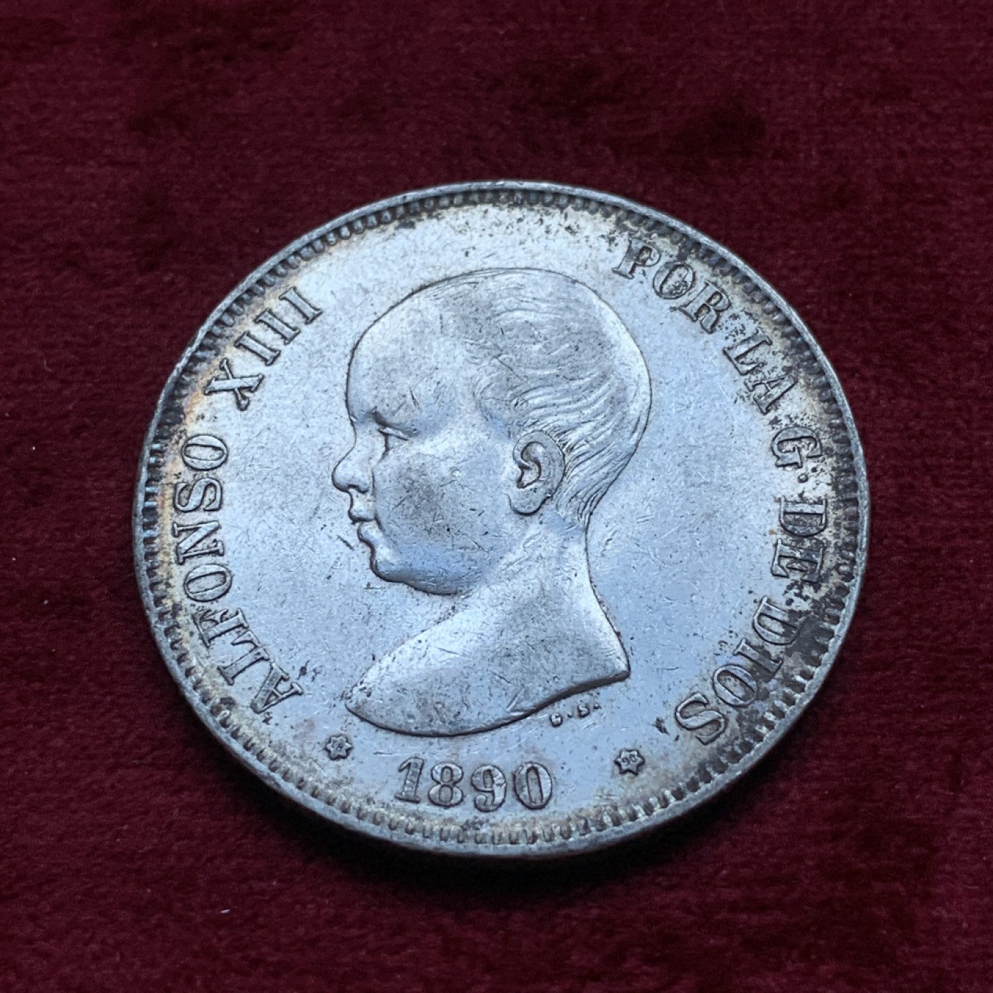 《竞宝斋》第82场-本周日，周一，周四3场拍卖（全场不限金额包邮） 西班牙 1890年 阿方索十三世 5比塞塔双柱 大银币 好品带光发丝清晰