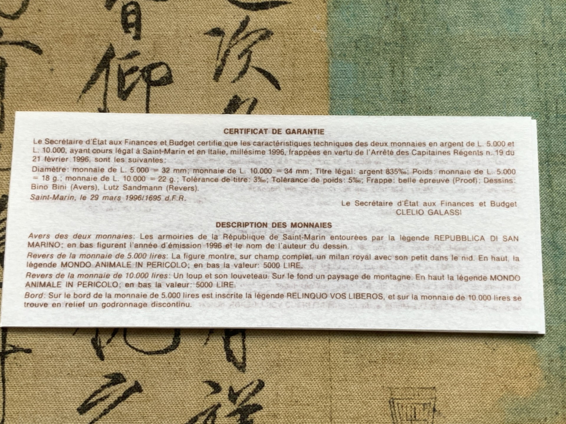《竞宝斋》第82场-本周日，周一，周四3场拍卖（全场不限金额包邮） 原盒证书 圣马力诺1996年 濒危动物纪念 5000和10000里拉 精制PROOF银币一对 少见品种