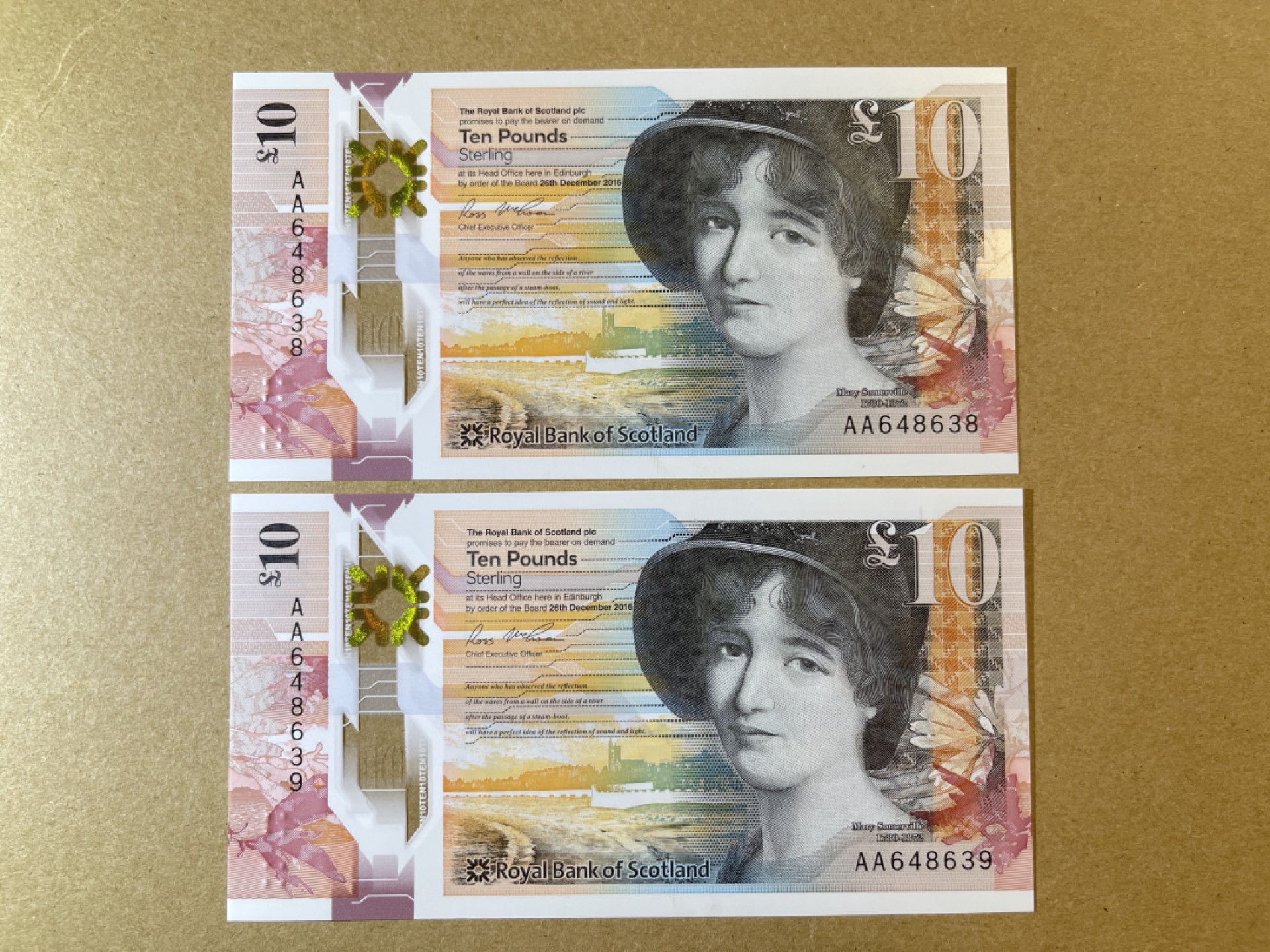 《张总收藏》67期——外币精品 苏格兰10镑连号2张 UNC 2016年 AA冠 皇家银行塑料钞