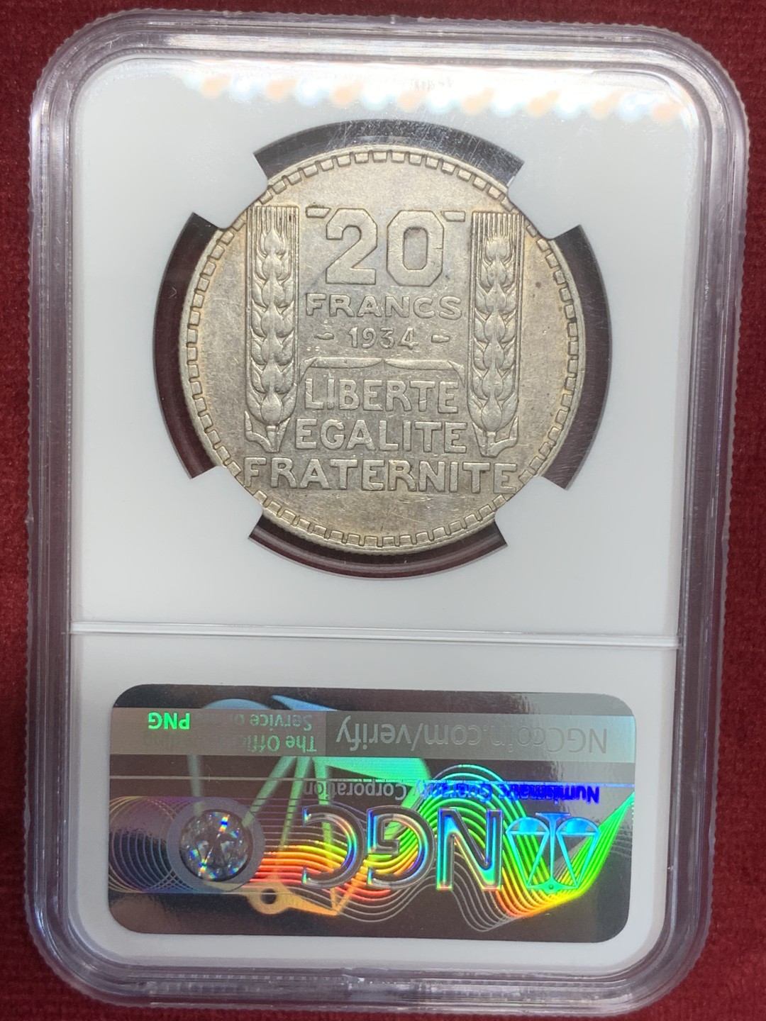 《竞宝斋》第82场-本周日，周一，周四3场拍卖（全场不限金额包邮） NGC AU评级 法国 1934年 20法郎 银币