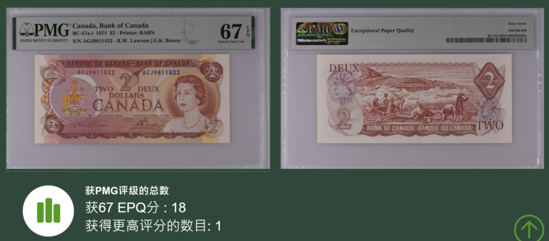 《张总收藏》67期——外币精品 首发年初版加拿大20元PMG67E稀少老版亚军分 冠军仅1张 1974年