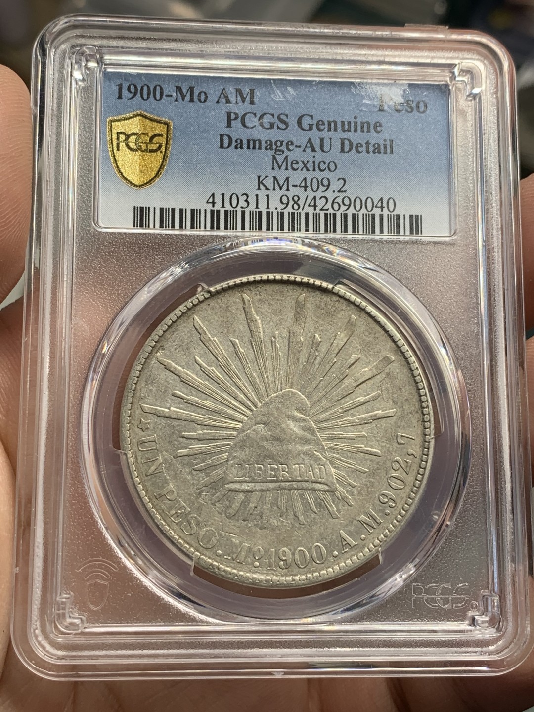 《竞宝斋》第82场-本周日，周一，周四3场拍卖（全场不限金额包邮） PCGS AUD 墨西哥 1900年 直边 鹰洋 银币 细节不错，可惜背面有小伤