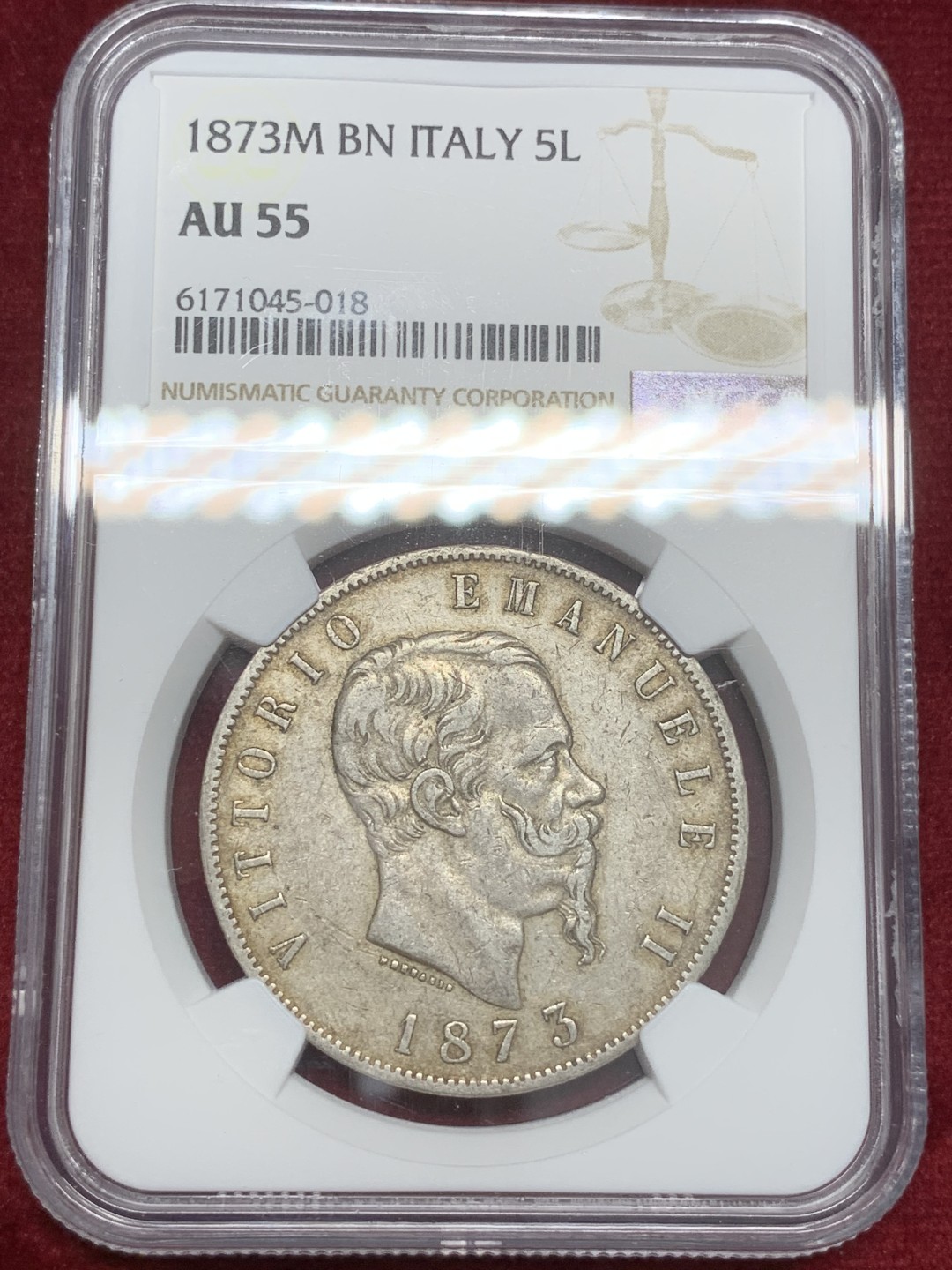 《竞宝斋》第82场-本周日，周一，周四3场拍卖（全场不限金额包邮） NGC-AU55 意大利1873-M年 艾曼纽尔二世 5里拉大银币 原味好品
