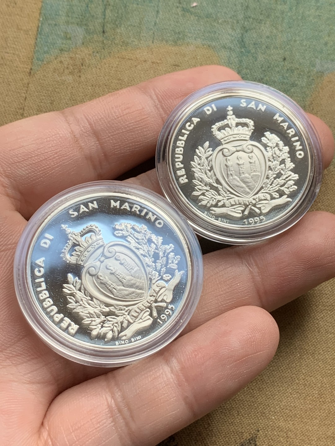 《竞宝斋》第82场-本周日，周一，周四3场拍卖（全场不限金额包邮） 原盒证书 圣马力诺1995年 大帆船 5000和10000里拉 精制银币PROOF 一对