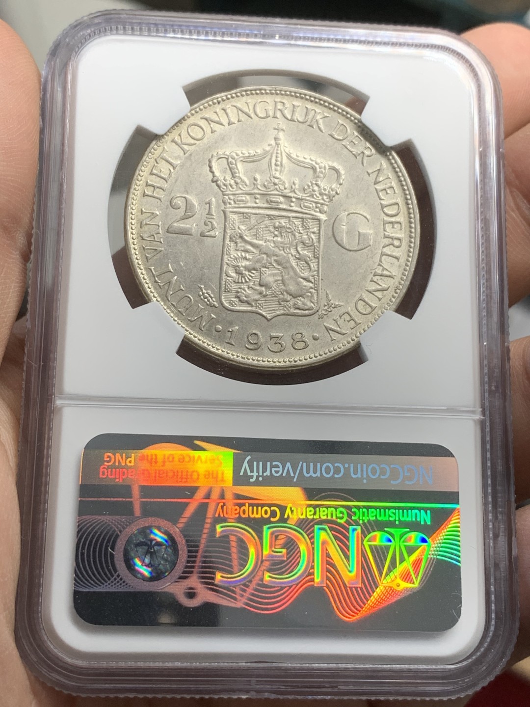 《竞宝斋》第82场-本周日，周一，周四3场拍卖（全场不限金额包邮） NGC-AU58 荷兰1938年 威廉米娜女神 2.5盾大银币 原光好品 低评