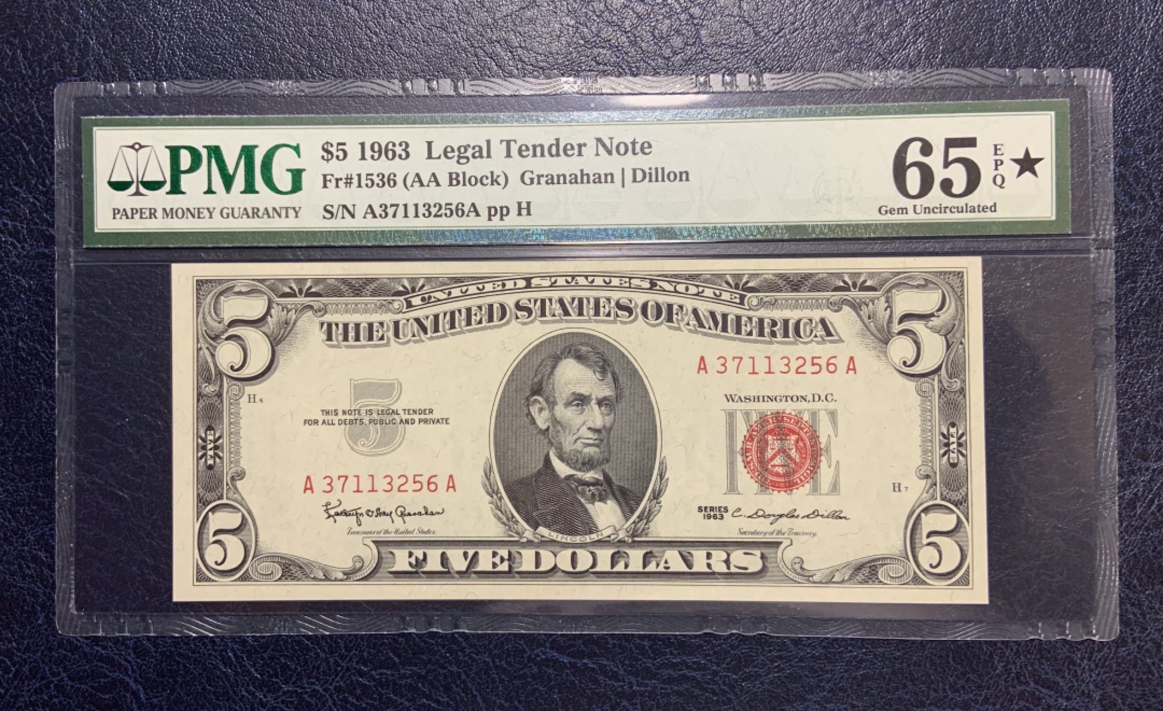 收藏联盟Quantum Auction 第182期拍卖 美国1963年5美元 PMG65 加星 AA冠