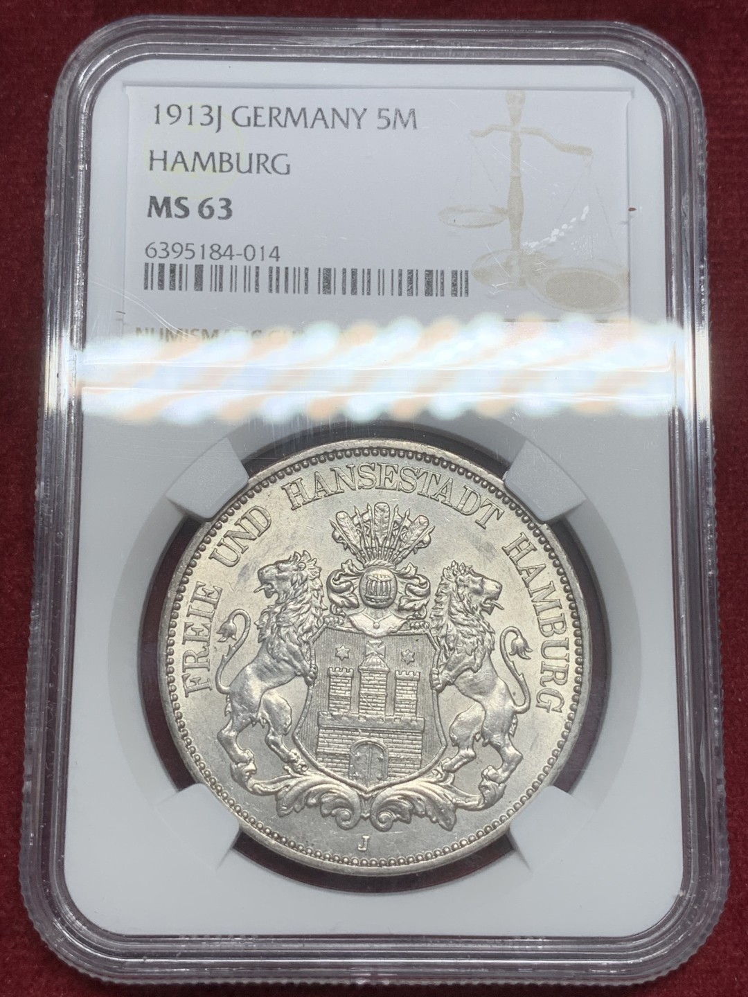 《竞宝斋》第82场-本周日，周一，周四3场拍卖（全场不限金额包邮） NGC-MS63 德国汉堡 1913年 双狮盾牌 5马克银币 顶级品相不多说了