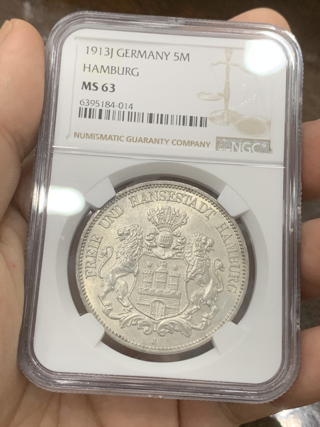 《竞宝斋》第82场-本周日，周一，周四3场拍卖（全场不限金额包邮） NGC-MS63 德国汉堡 1913年 双狮盾牌 5马克银币 顶级品相不多说了