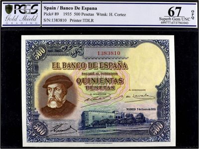 【Blue Auction】✨世界纸币精拍第210期【精】 -  【冠军分 无47】西班牙 1935年 500比塞塔 PCGS67EPQ 超高分 科尔特斯 经典大方块 雕刻非常细腻大气 值得珍藏 背面描述科尔特斯到达墨西哥后烧毁了他的船只，以说服他的部下们，没有回头路的场景。最终科尔特斯以破釜沉舟之势，以600人征服250万印第安人，塑造了西班牙征服者的传奇人生。
