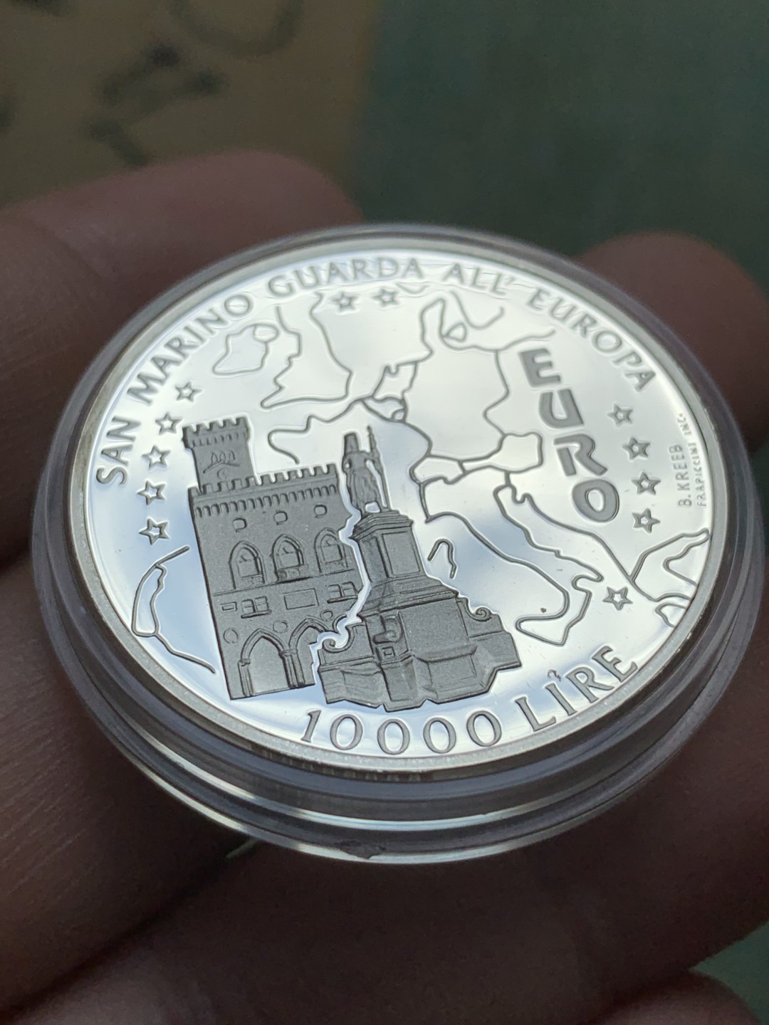 《竞宝斋》第82场-本周日，周一，周四3场拍卖（全场不限金额包邮） 原盒证书 圣马力诺1996年 纪念欧洲 10000里拉 精制大银币 22克