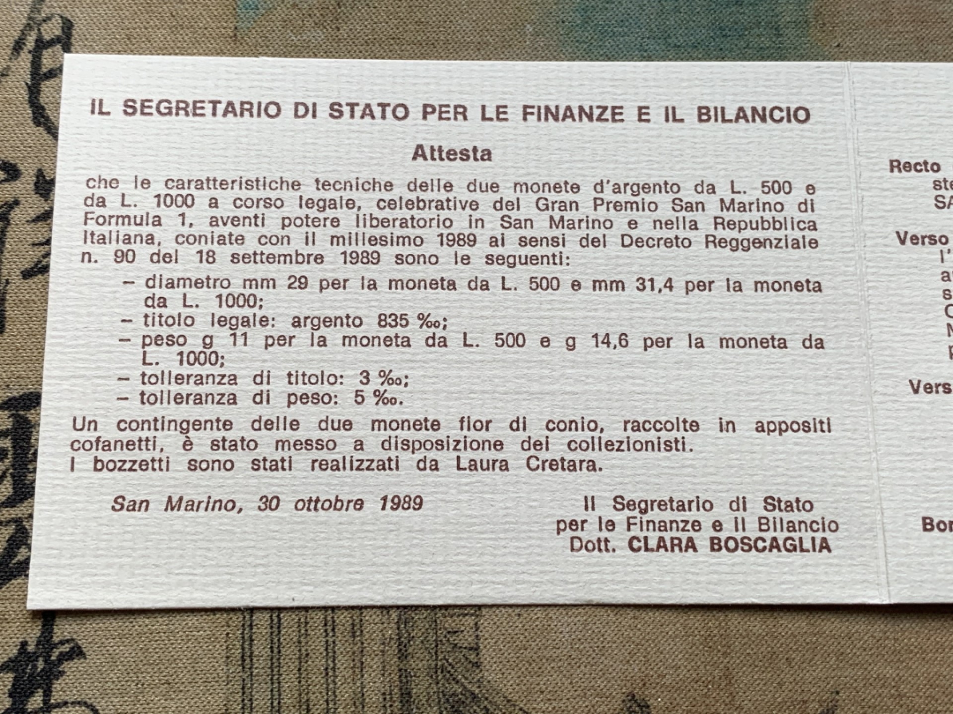 《竞宝斋》第82场-本周日，周一，周四3场拍卖（全场不限金额包邮） 原盒证书 圣马力诺 1989年 F1方程式赛车 500和1000里拉 银币一对