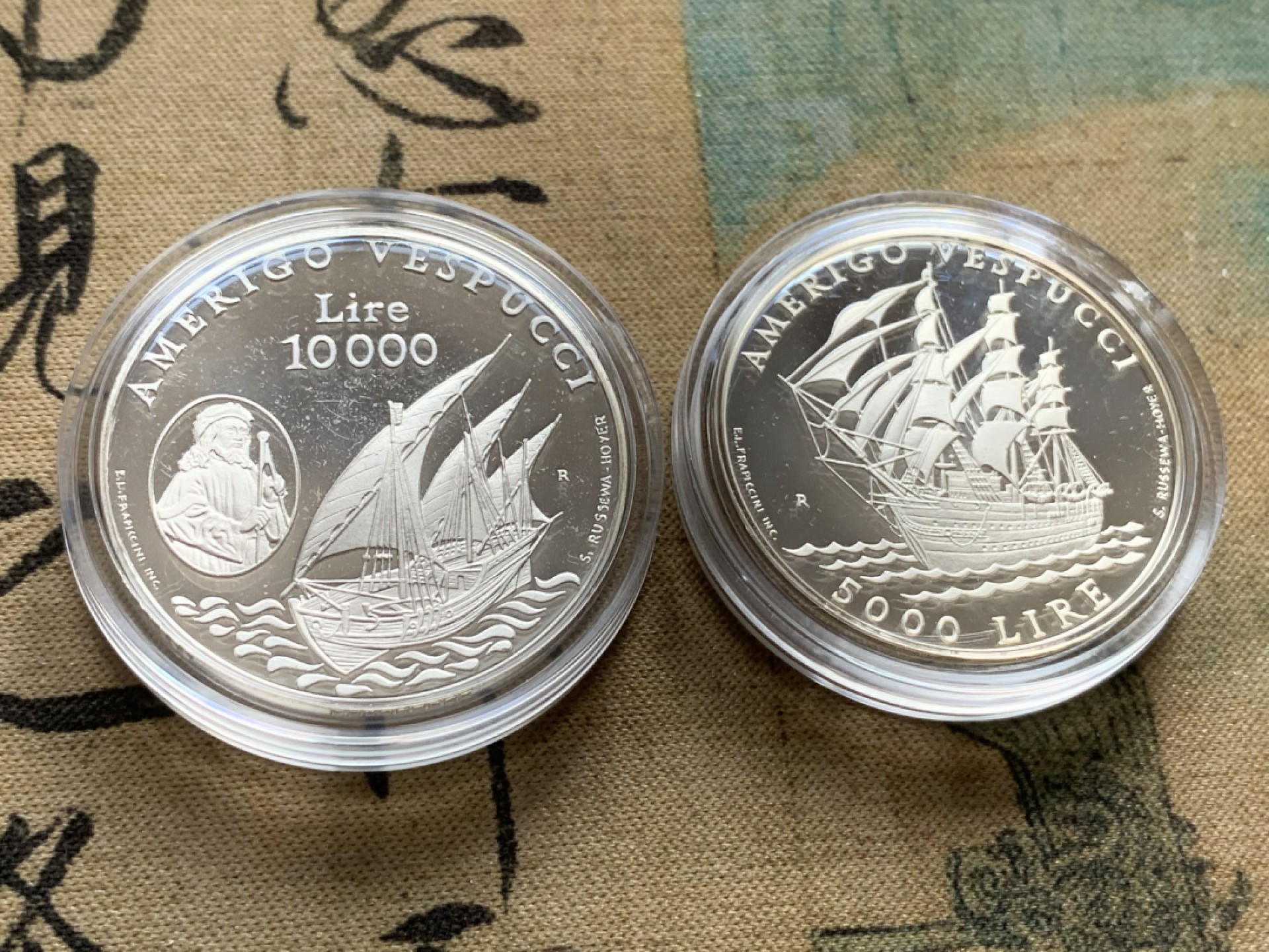 《竞宝斋》第82场-本周日，周一，周四3场拍卖（全场不限金额包邮） 原盒证书 圣马力诺1995年 大帆船 5000和10000里拉 精制银币PROOF 一对