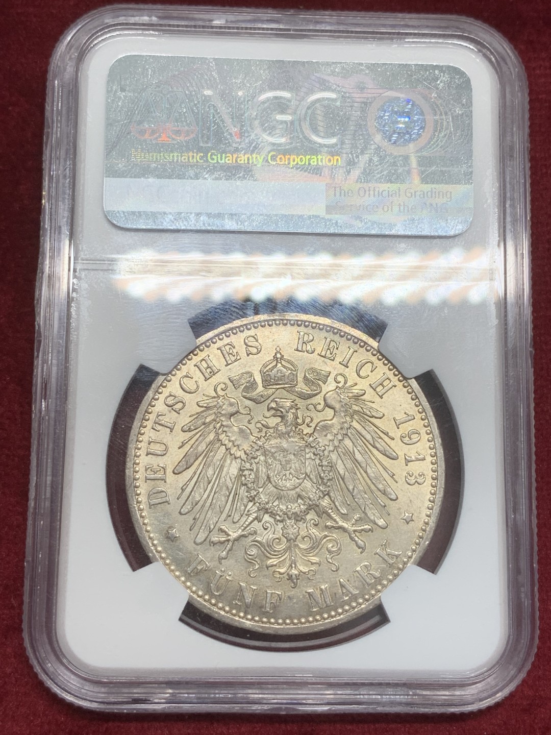 《竞宝斋》第82场-本周日，周一，周四3场拍卖（全场不限金额包邮） NGC AU-55 德国 普鲁士 威廉二世 1913年 一战前军装版  军装 5马克银币 状态不错