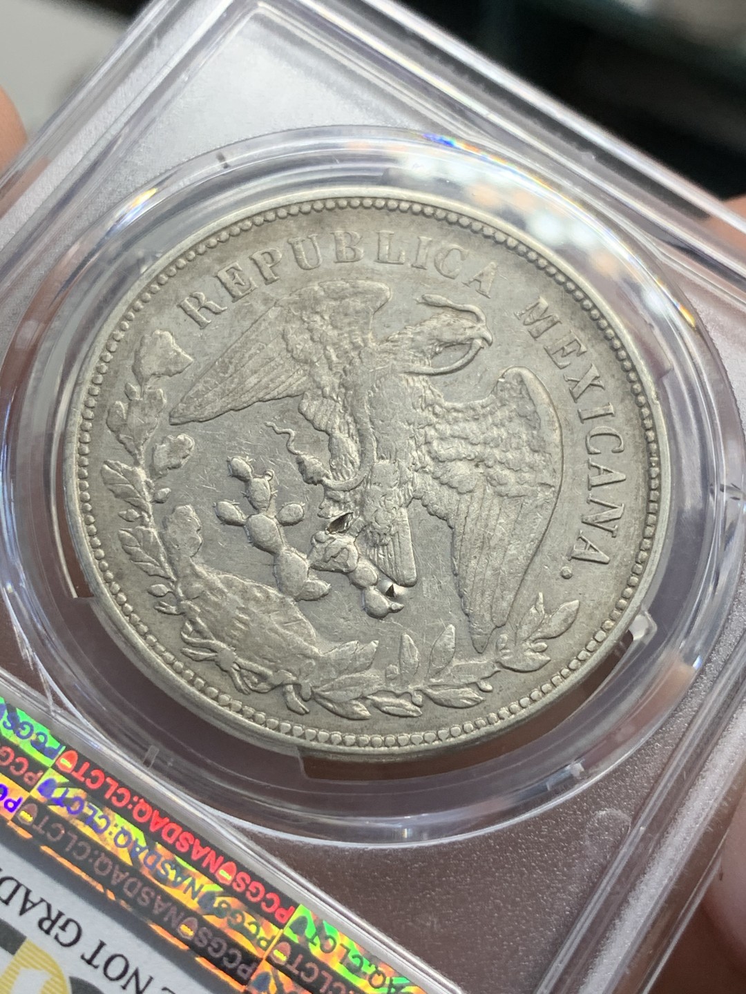 《竞宝斋》第82场-本周日，周一，周四3场拍卖（全场不限金额包邮） PCGS AUD 墨西哥 1900年 直边 鹰洋 银币 细节不错，可惜背面有小伤