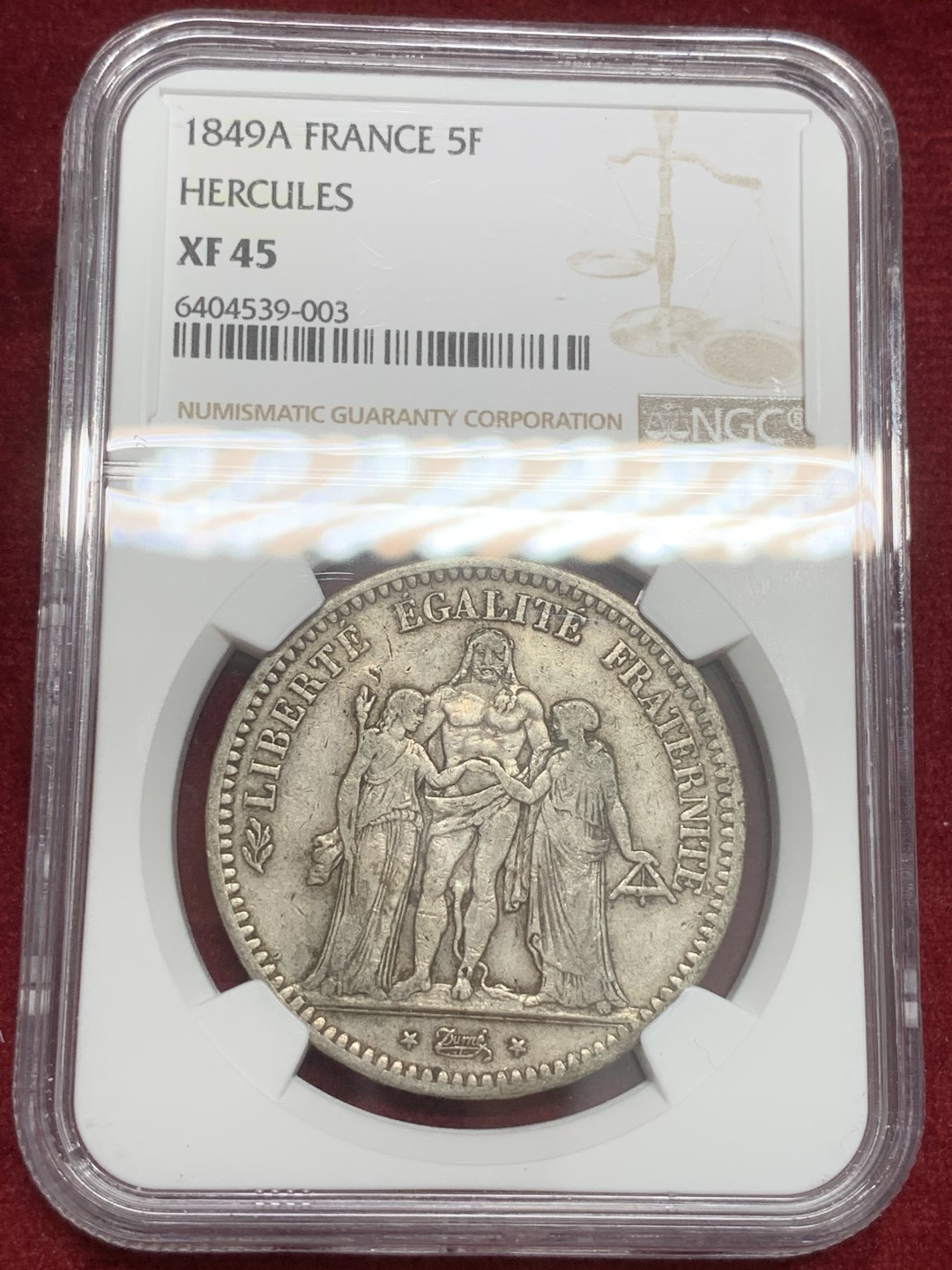 《竞宝斋》第82场-本周日，周一，周四3场拍卖（全场不限金额包邮） NGC-XF45 法国1849-A年 第二共大力神 5法郎大银币 早期版有这个分数已经很不错了