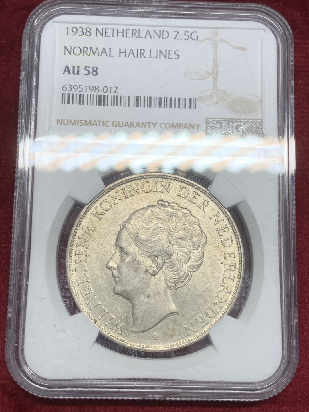 《竞宝斋》第82场-本周日，周一，周四3场拍卖（全场不限金额包邮） NGC-AU58 荷兰1938年 威廉米娜女神 2.5盾大银币 原光好品 低评