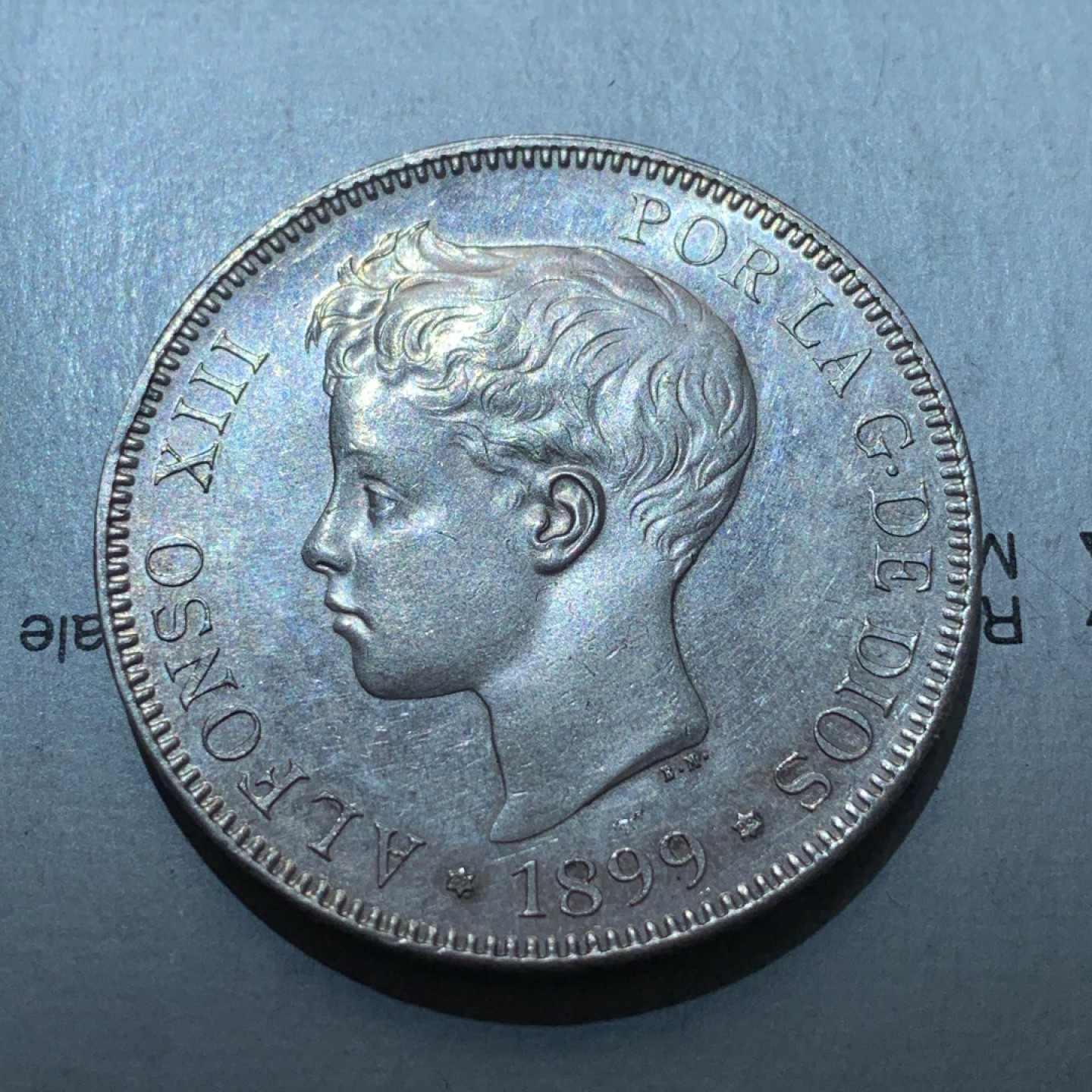 《竞宝斋》第82场-本周日，周一，周四3场拍卖（全场不限金额包邮） 西班牙 1899年 阿方索十三世 5比塞塔双柱 大银币 原光MS状态 可以送评