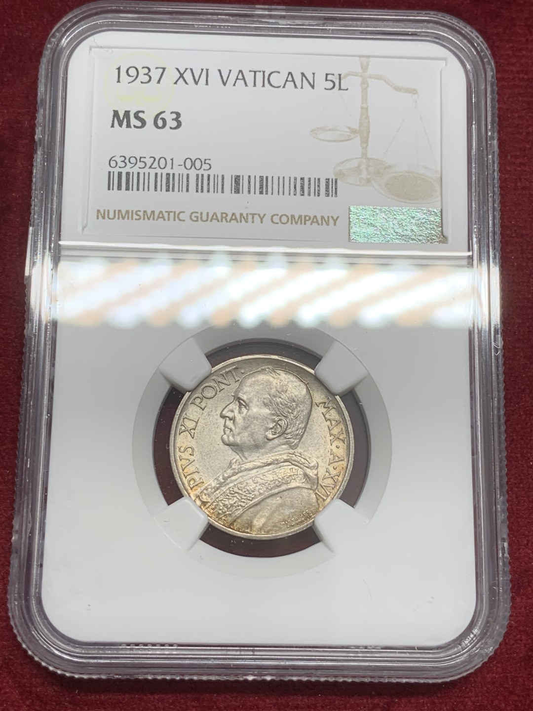 《竞宝斋》第82场-本周日，周一，周四3场拍卖（全场不限金额包邮） NGC-MS63 梵蒂冈1937年 教皇小船 早期版本5里拉 银币 较少见