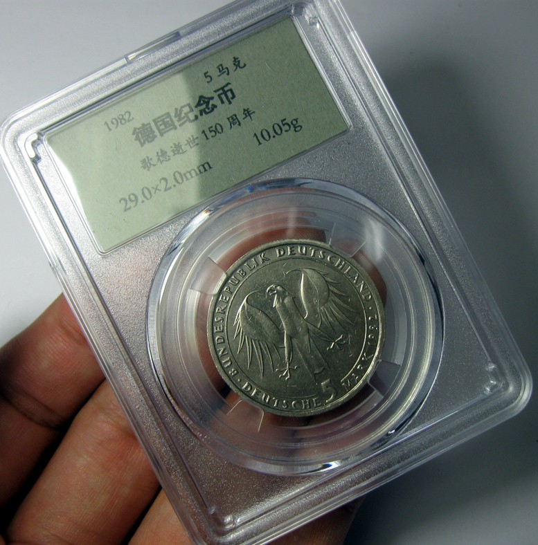 德国纪念币5马克,1982,歌德逝世150周年,约29x2mm,10.05g,自打标签盒子R8412jx