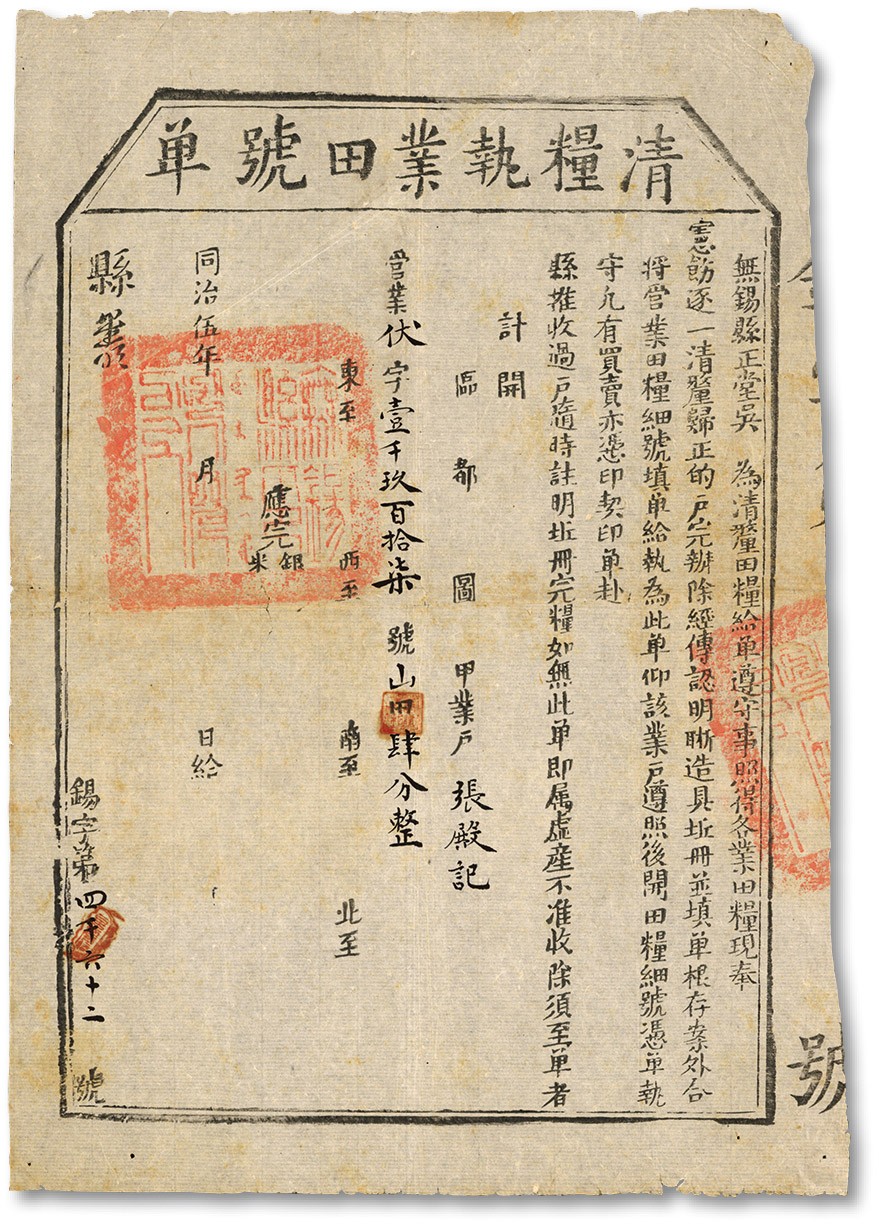 泓盛2022春季拍卖会 金银流霞-钱币专场 古泉 纸币 同治伍年（1866年）无锡县·清粮执业田号单