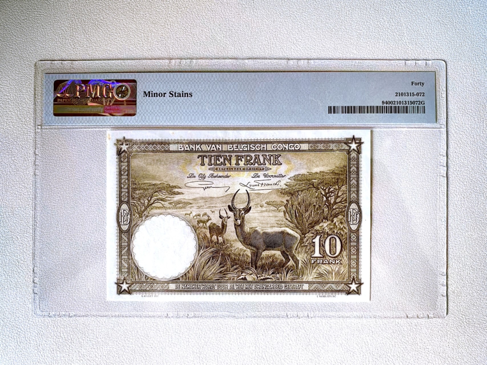 【Blue Auction】✨世界纸币精拍第212期  【珍品 无47】比属刚果 早期p9 1937年10法郎 双面雕刻 实物细节众多 非常精美  羚羊很萌 PMG40 少见品种 之前有一篇文章专门介绍这张