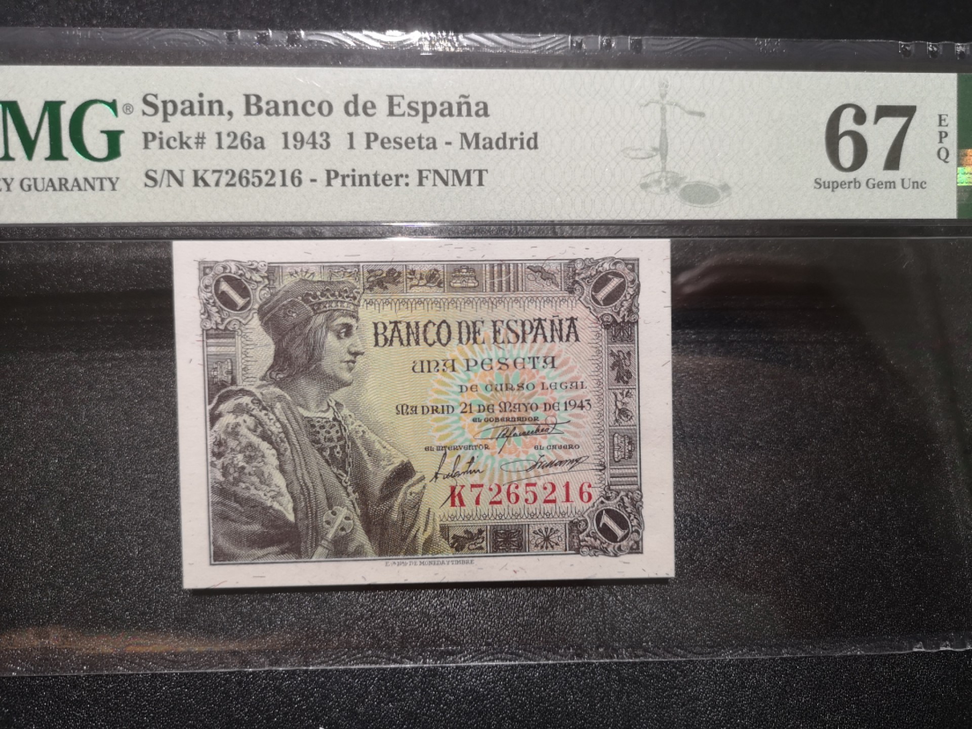 《外钞收藏家》第一百九十四期 1943年西班牙1比塞塔 PMG67