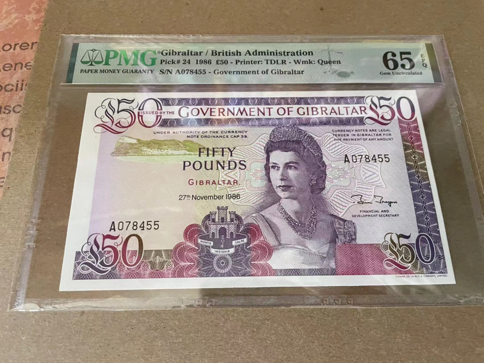 【Blue Auction】✨世界纸币精拍第212期  直布罗陀 1986年50镑 PMG65EPQ 高冠女王