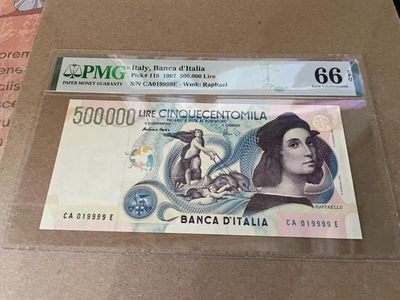 【Blue Auction】✨世界纸币精拍第212期  - 【9999狮子号罕见】意大利 1997年50万里拉 PMG66EPQ 拉斐尔