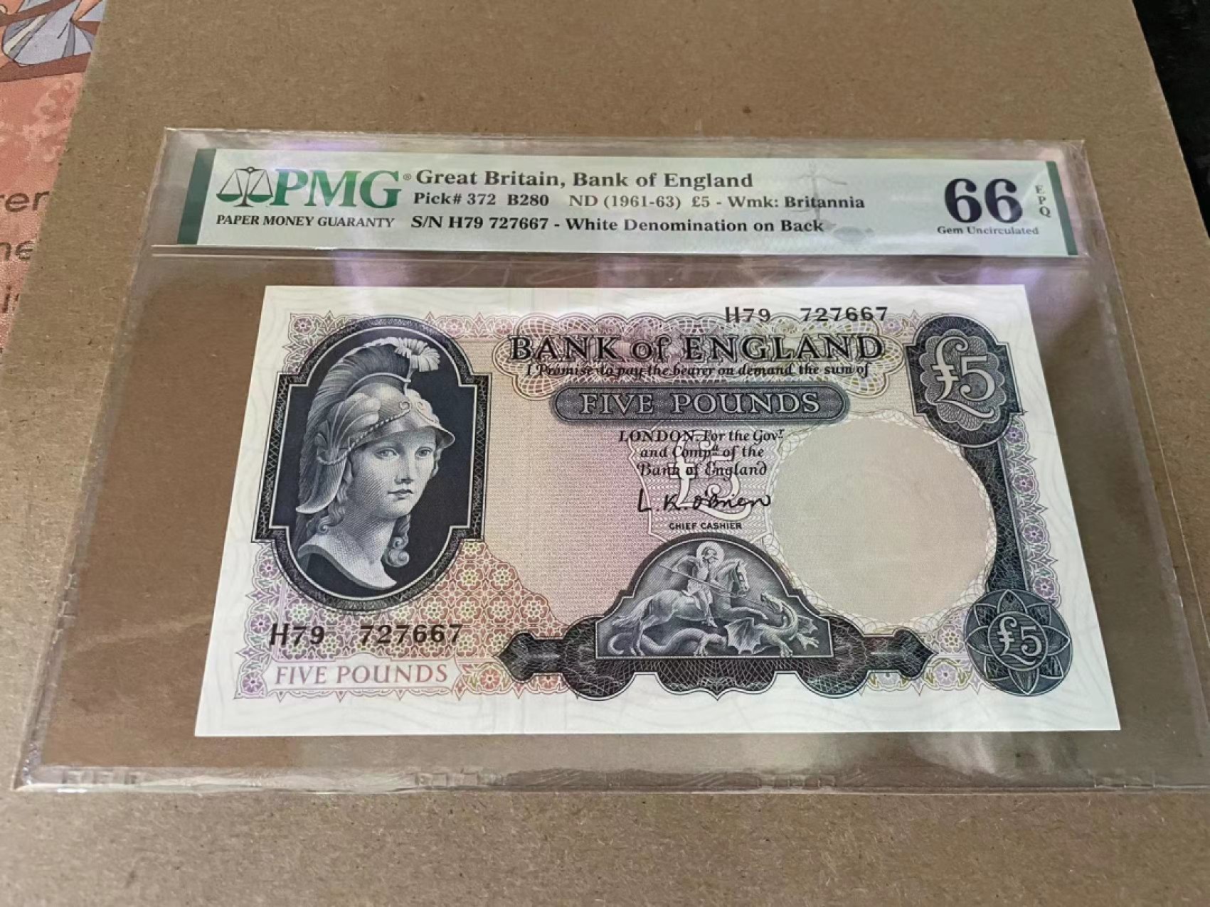 【Blue Auction】✨世界纸币精拍第212期  英国B序列5镑 1961-63年5镑 PMG66EPQ 