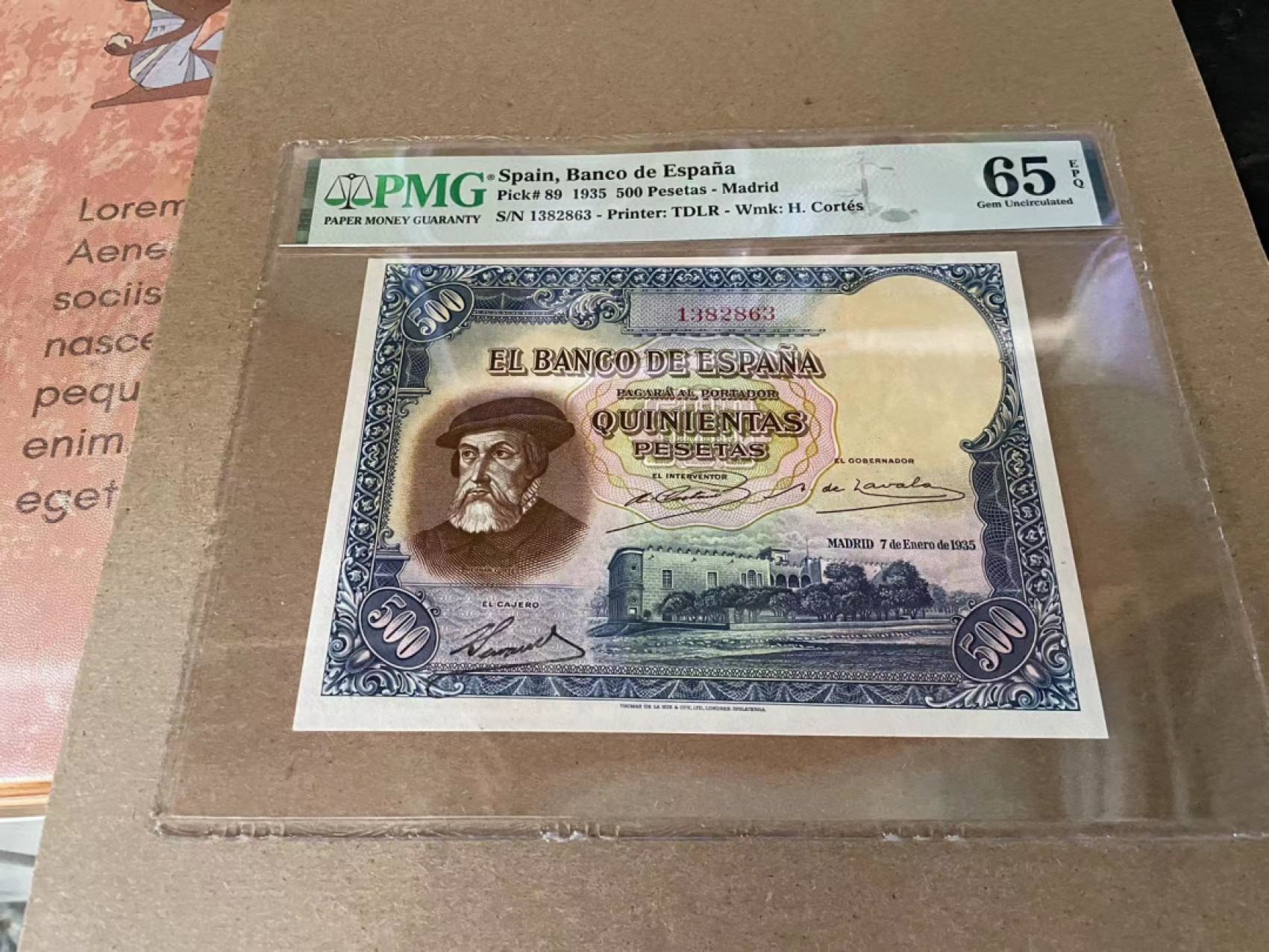 【Blue Auction】✨世界纸币精拍第212期  【无47】西班牙 1935年 500比塞塔 PMG65EPQ绝品 科尔特斯 经典大方块 雕刻非常细腻大气 值得珍藏