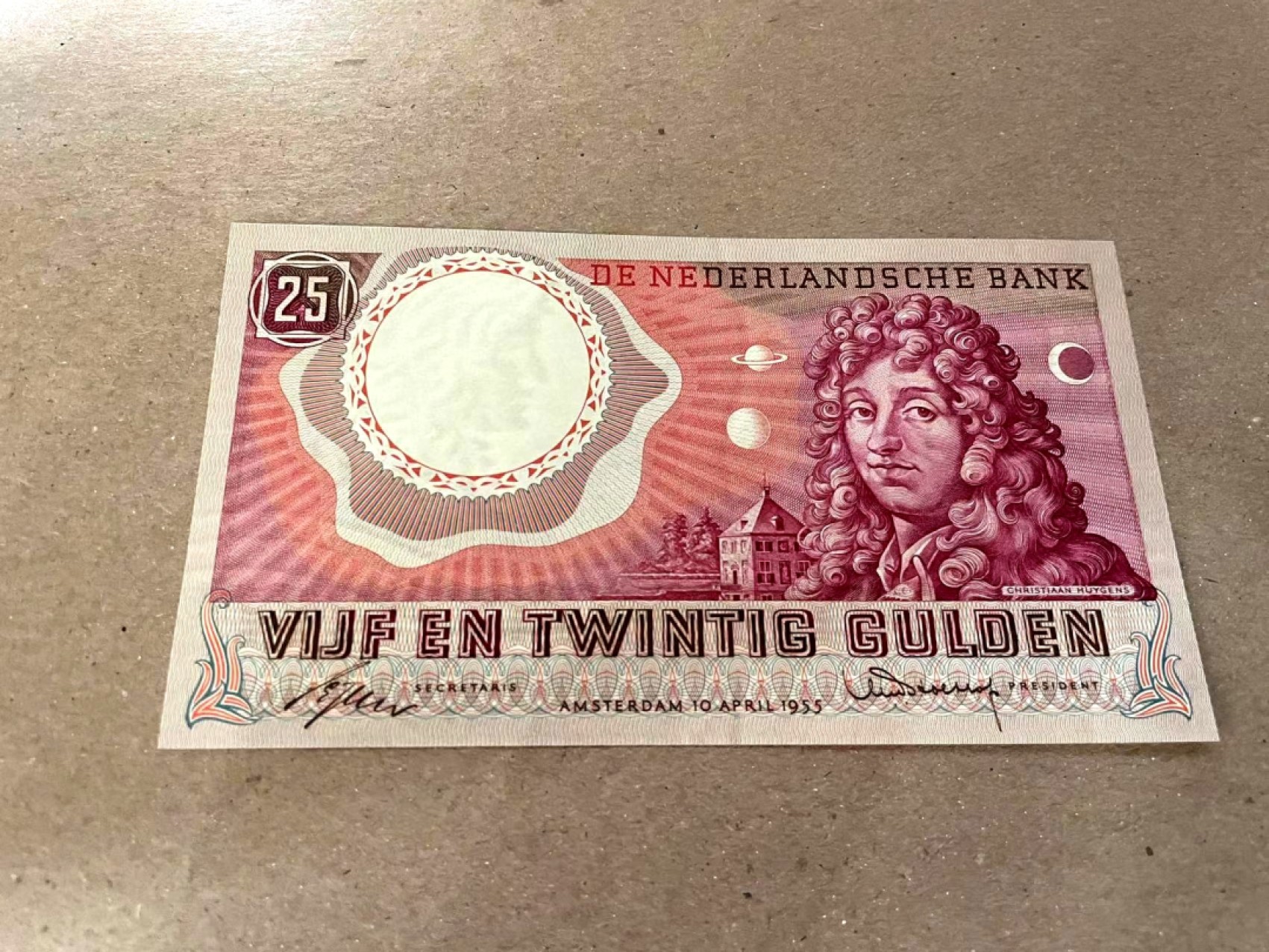 【Blue Auction】✨世界纸币精拍第212期  荷兰 1955年25盾 惠更斯 设计精美 原票 AU+品相