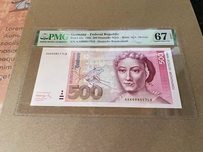 【Blue Auction】✨世界纸币精拍第212期  - 【AA冠初版】德国 1991年500马克 梅里安 PMG67EPQ高分