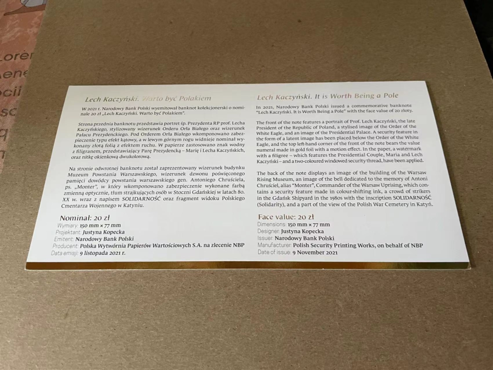 【Blue Auction】✨世界纸币精拍第212期  【原装带册】波兰 2021年20扎罗提 前总统卡钦斯基纪念钞 全新UNC