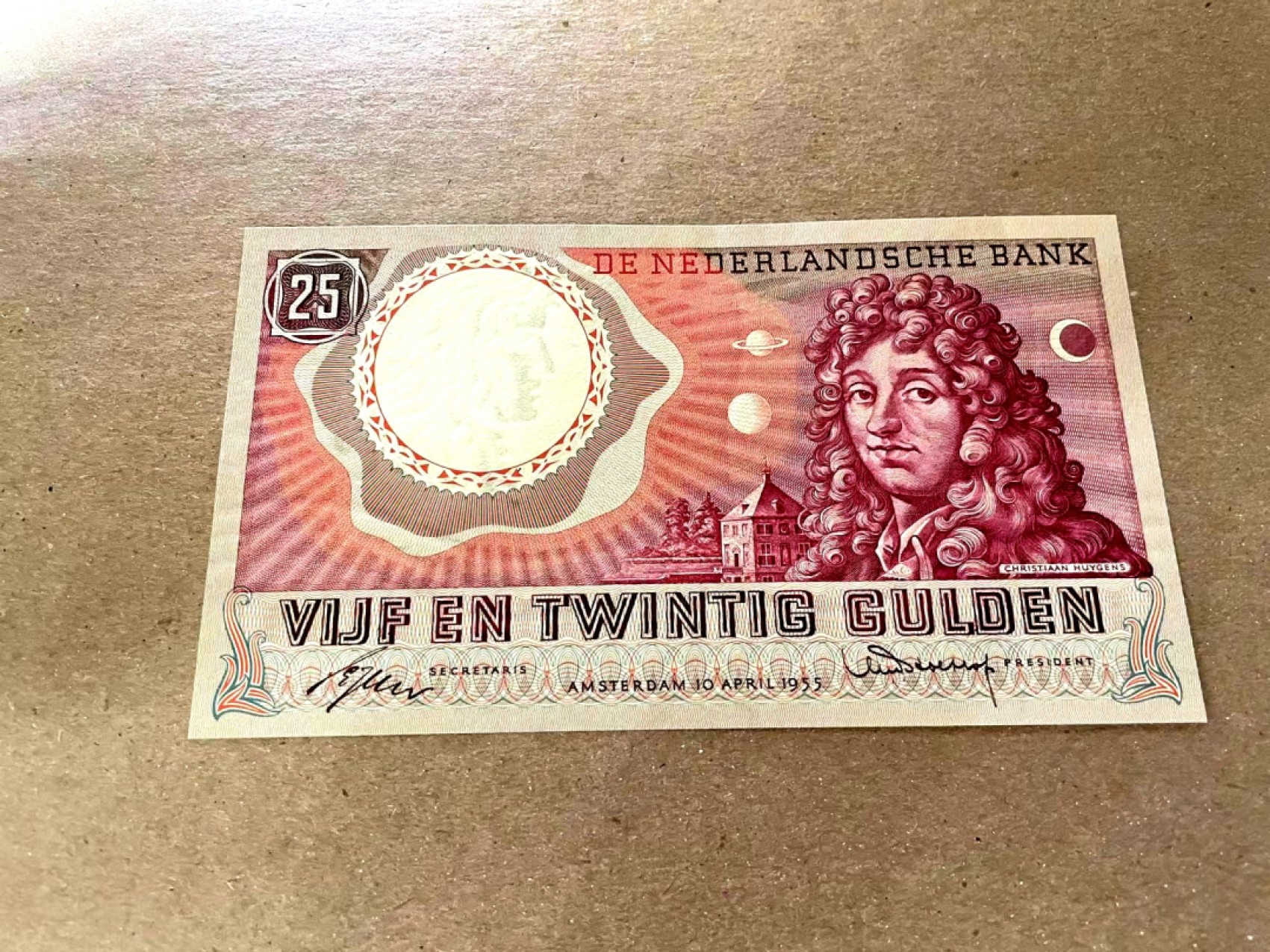 【Blue Auction】✨世界纸币精拍第212期  荷兰 1955年25盾 惠更斯 设计精美 原票 AU+品相