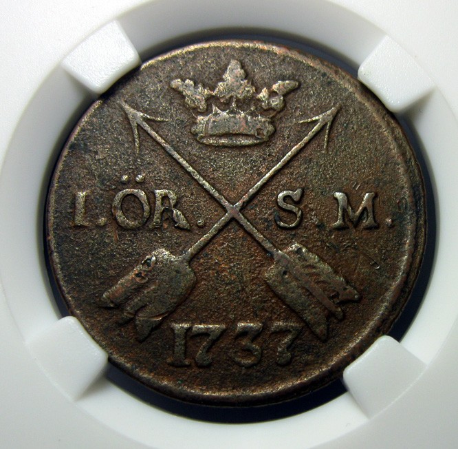 瑞典铜币,厚重铜币,1737,弗雷德里克一世,1欧尔,约30mm,13.7g,自打标签盒子R3511jx