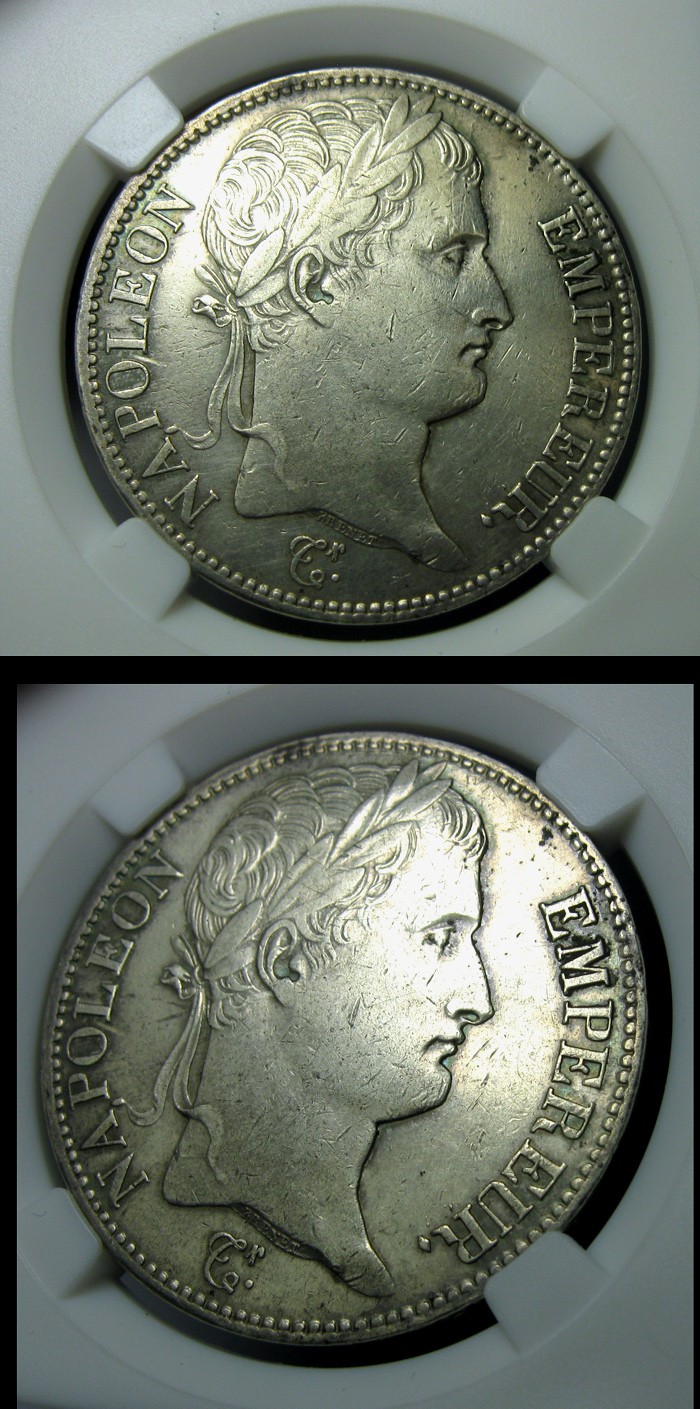 法国银币,1810A,拿破仑一世5法郎,36.5mm,24.94g,好品,自打标签盒子R1116jx