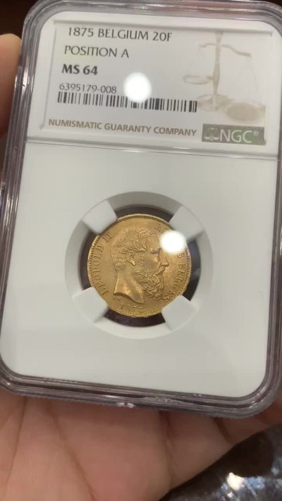 《竞宝斋》第83场-本周日，周一2场连拍（全场不限金额包邮） NGC-MS64 比利时1875年 利奥波德二世 20法郎金币 大银币见多了这样的金币就非常少见了 