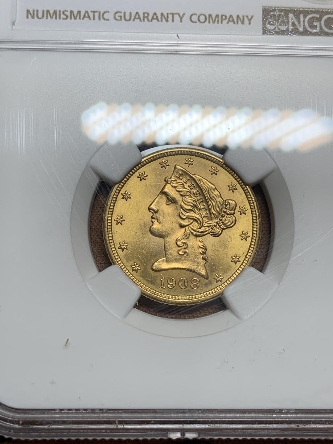 《竞宝斋》第83场-本周日，周一2场连拍（全场不限金额包邮） NGC-MS63 美国1908年 自由女神像 5美元金币 顶级分数 非常难得