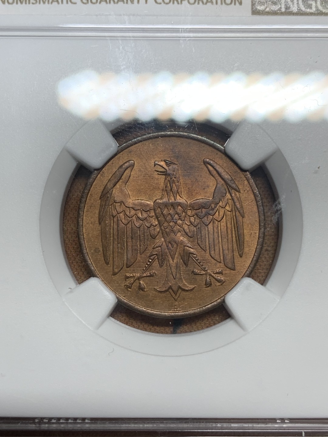 《竞宝斋》第83场-本周日，周一2场连拍（全场不限金额包邮） NGC-MS63 魏玛德国1932年4芬尼铜币