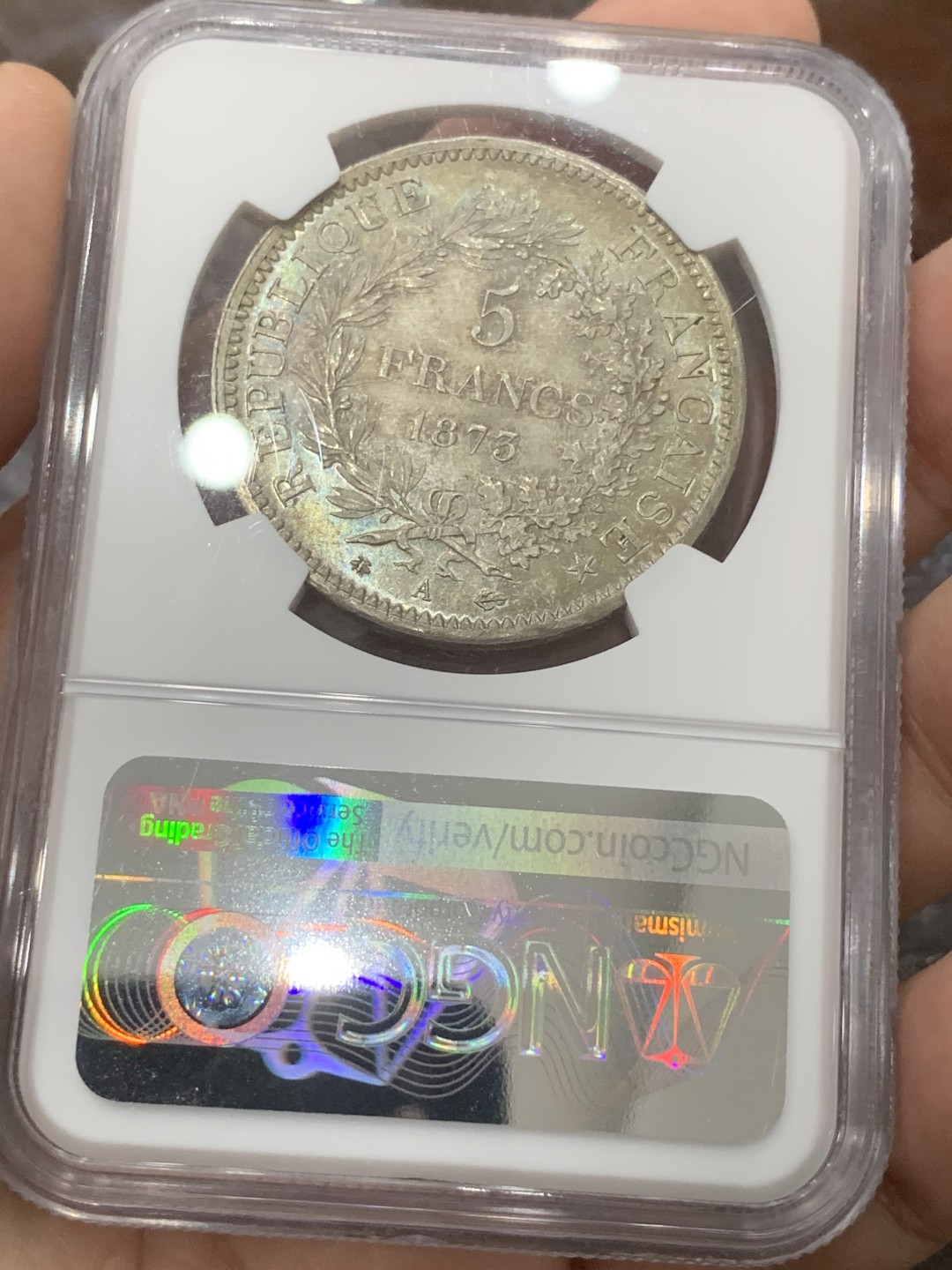 《竞宝斋》第83场-本周日，周一2场连拍（全场不限金额包邮） NGC MS64 1873年法国大力神5法郎银币 欧陆老彩包浆滴水未下 车轮转光 实物状态非常好