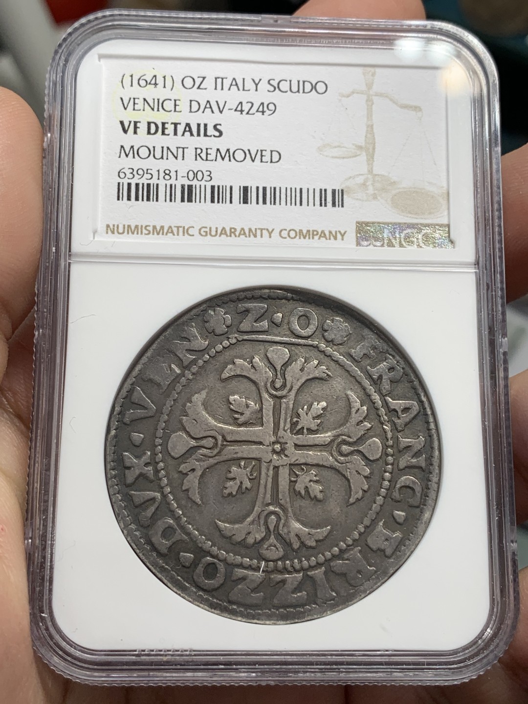 《竞宝斋》第83场-本周日，周一2场连拍（全场不限金额包邮） NGC-VF 意大利1641年 威尼斯1斯库多 十字大银币 原味老包浆 非常稀少的品种