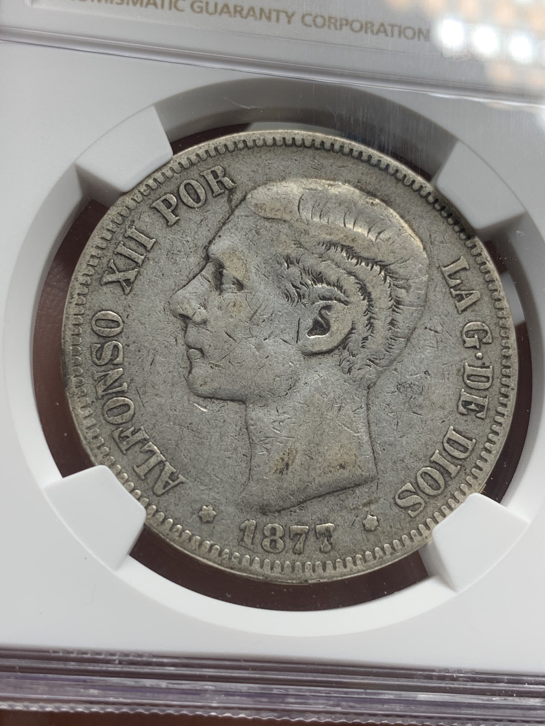 《竞宝斋》第83场-本周日，周一2场连拍（全场不限金额包邮） NGC-VF35 西班牙 1877年 5比塞塔 银币 