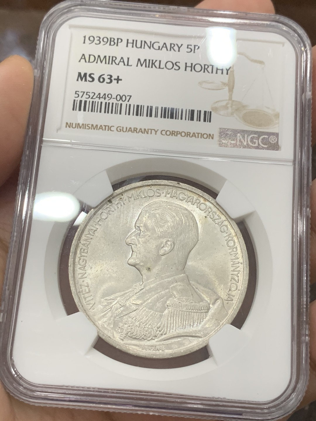 《竞宝斋》第83场-本周日，周一2场连拍（全场不限金额包邮） NGC-MS63+ 匈牙利 1939年 5潘果大银币 顶级原光好品 现在也是暴涨的品种了