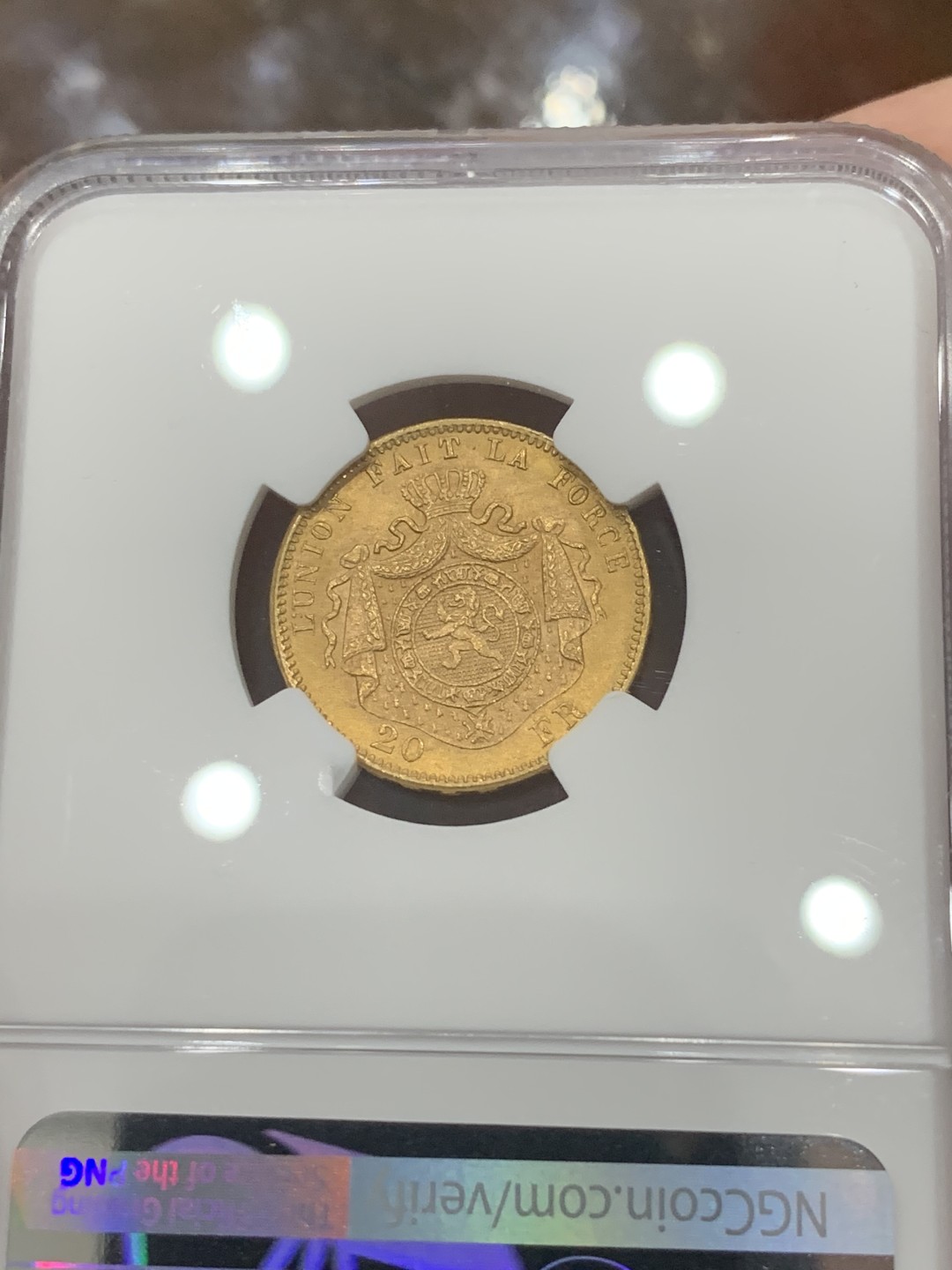 《竞宝斋》第83场-本周日，周一2场连拍（全场不限金额包邮） NGC-MS64 比利时1875年 利奥波德二世 20法郎金币 大银币见多了这样的金币就非常少见了 