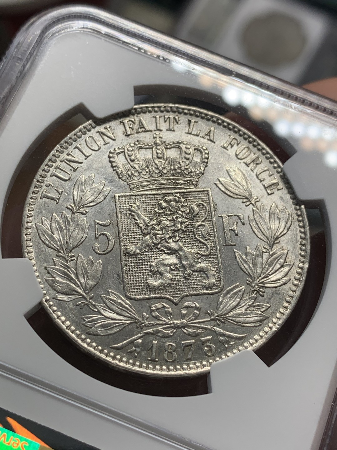 《竞宝斋》第83场-本周日，周一2场连拍（全场不限金额包邮） NGC UNC评级 比利时 1873年 5法郎 银币 光度足 状态好